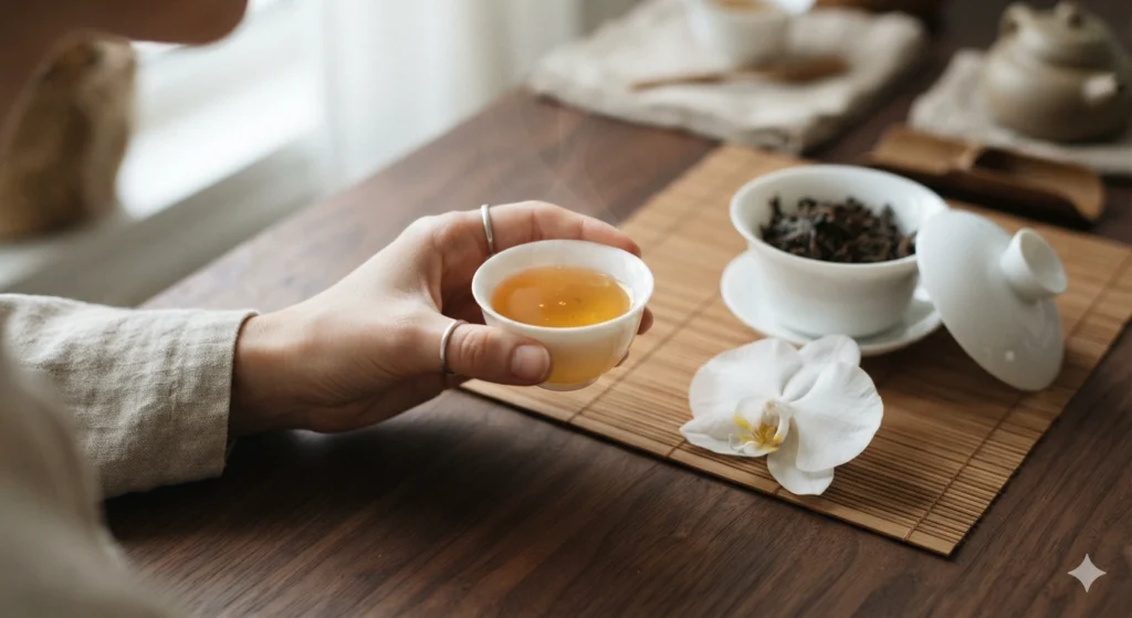 Mindful tasting of Phoenix Dancong tea aroma and flavor appreciation