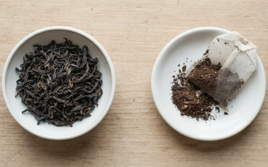 Loose leaf tea vs tea bag whole leaf and dust comparison flat lay picture-1