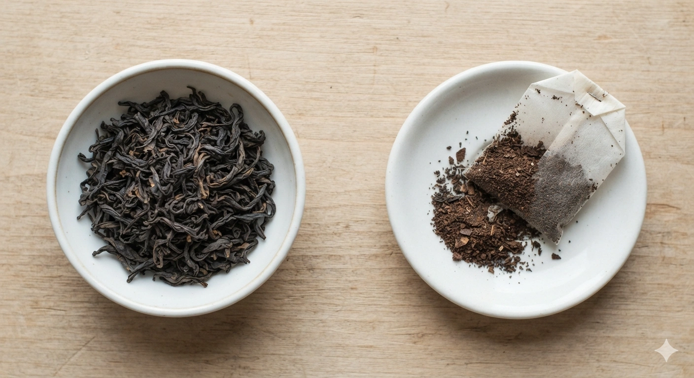 Loose leaf tea vs tea bag whole leaf and dust comparison flat lay picture-1