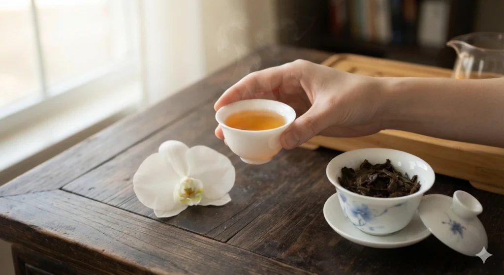 Mindful tasting of Phoenix Dancong tea aroma and flavor appreciation