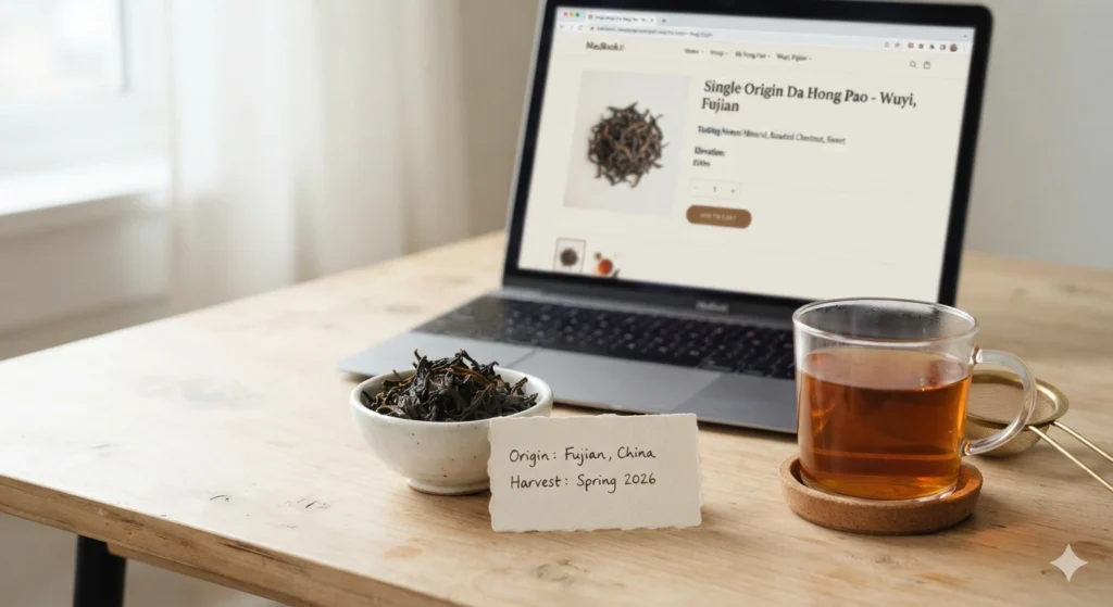 Online tea shopping evaluating origin harvest information and leaf appearance