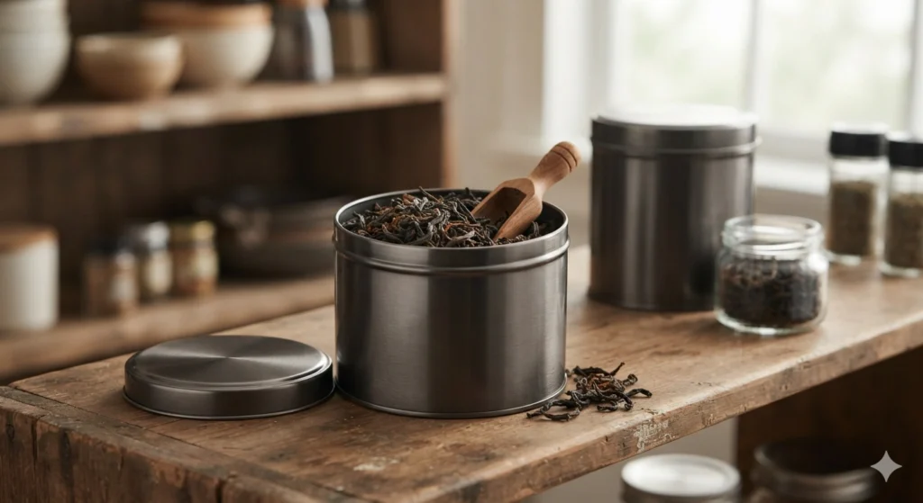 Proper loose leaf tea storage in airtight opaque metal tins