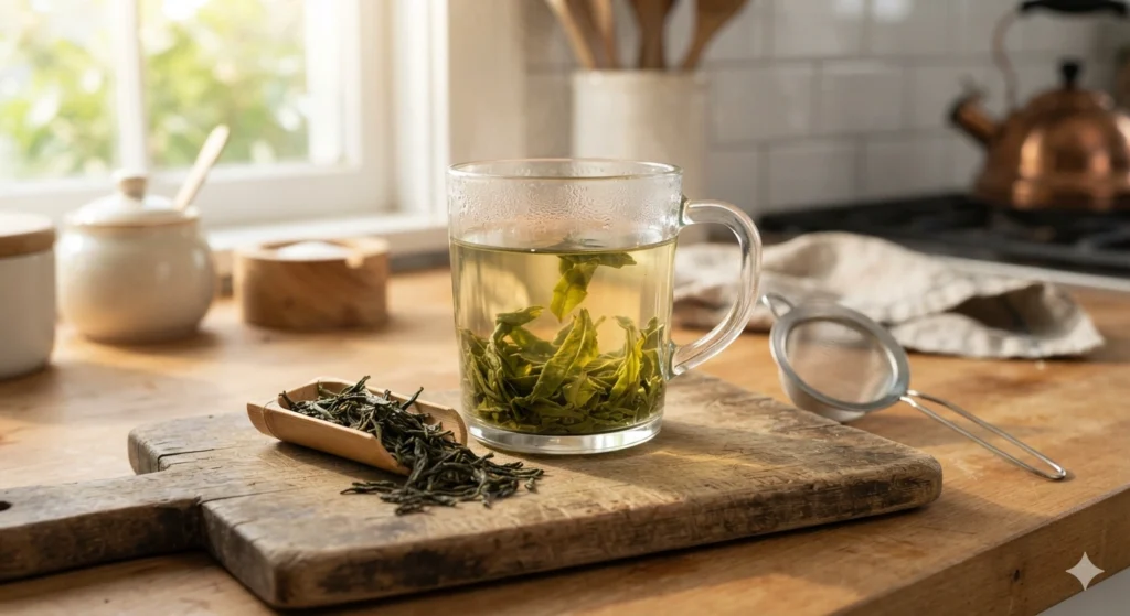 Simple Chinese tea brewing setup for beginners at home with glass mug and strainer