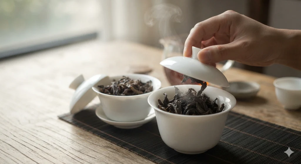 Smelling warmed Dancong and Da Hong Pao leaves side by side