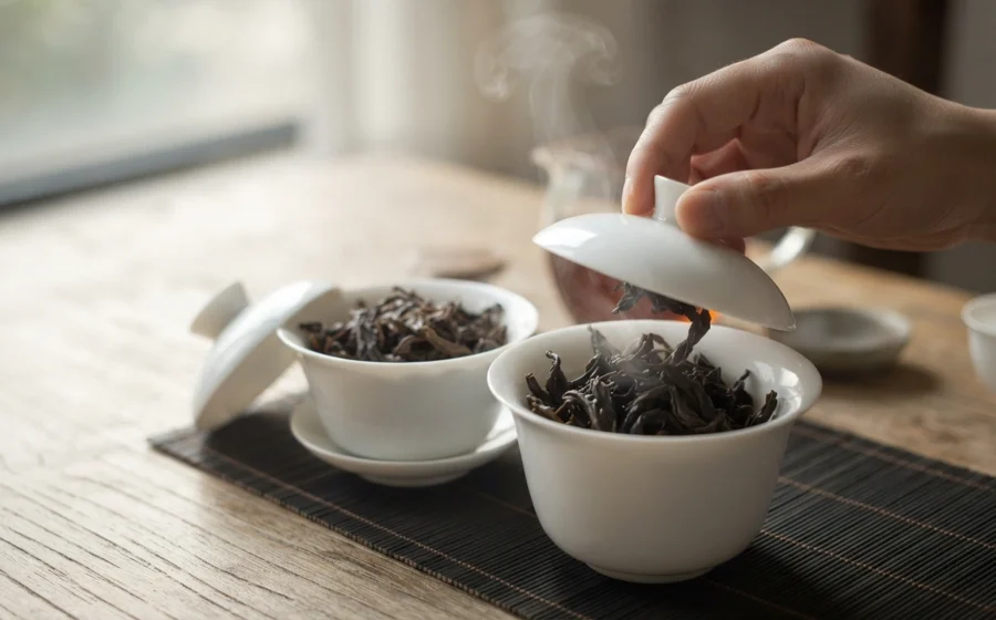 Smelling warmed Dancong and Da Hong Pao leaves side by side