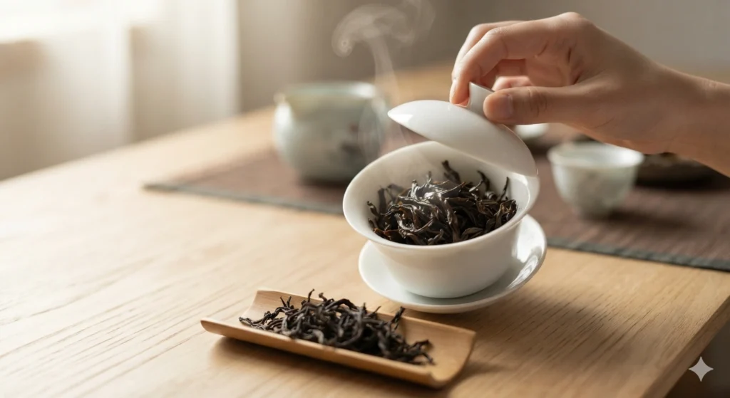Smelling warmed Phoenix Dancong tea leaves in a gaiwan aroma release